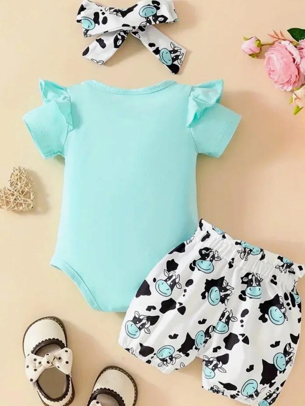 Mint Cow Graphic Baby Onesie & Shorts Set